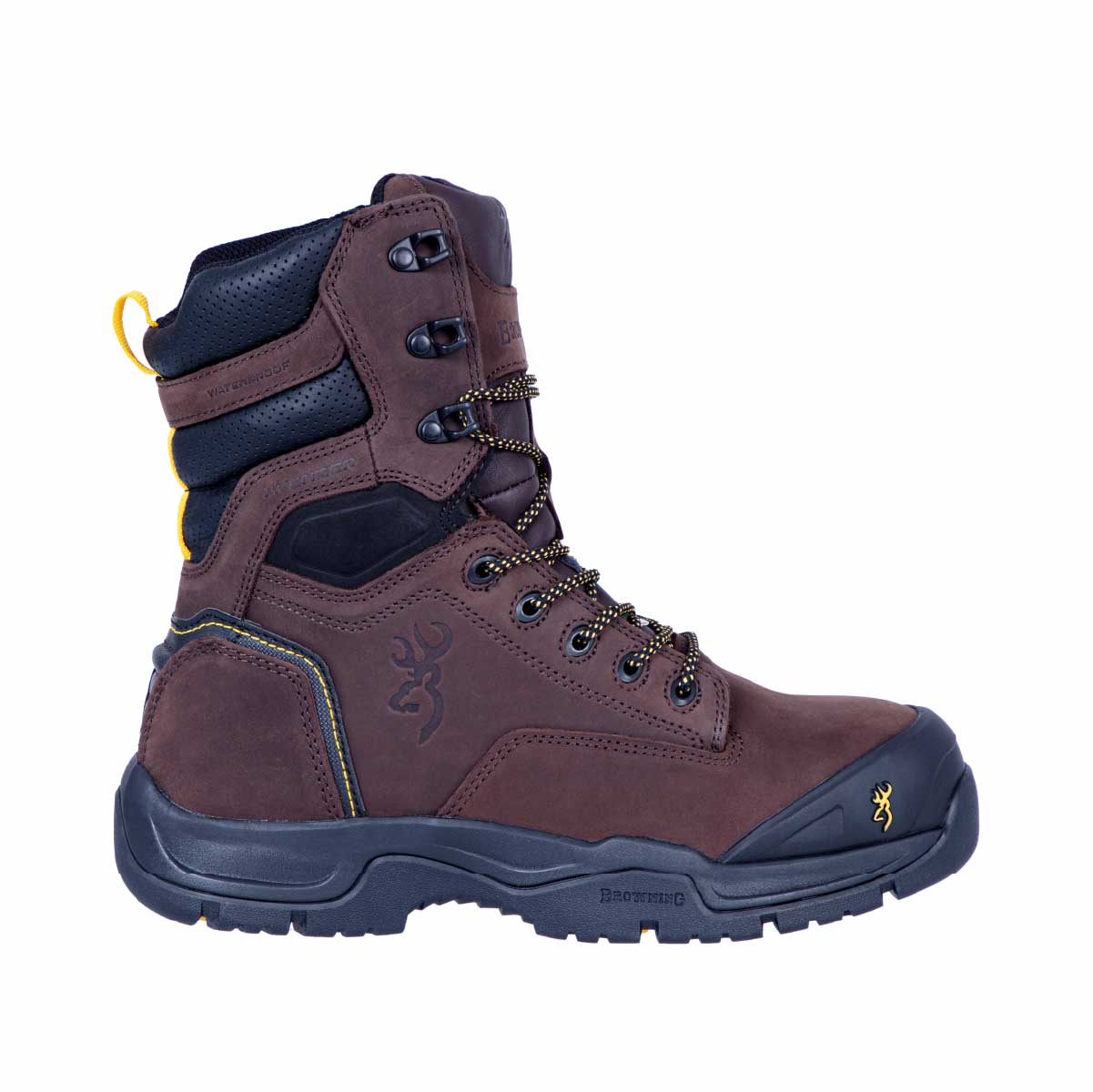 Botte de travail Avenger 8 Browning légère. Embout composite CSA, semelle EVA renforcée, cuir huilé. Construction légère, longues journées de travail intensif.