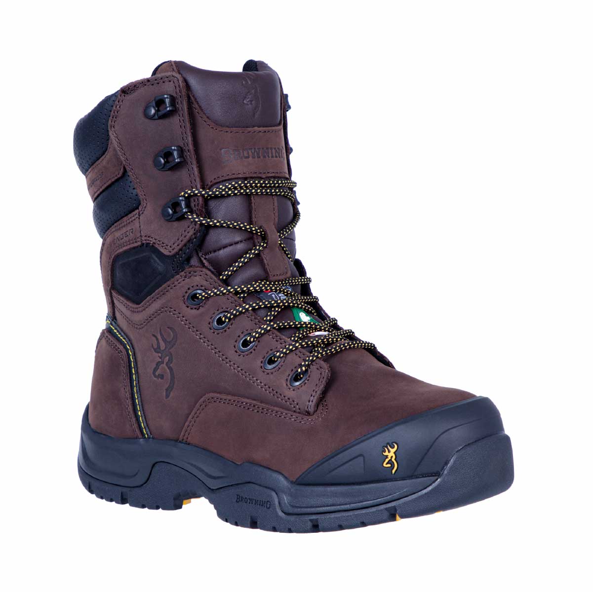 Botte de travail Avenger 8 Browning légère. Embout composite CSA, semelle EVA renforcée, cuir huilé. Construction légère, longues journées de travail intensif.