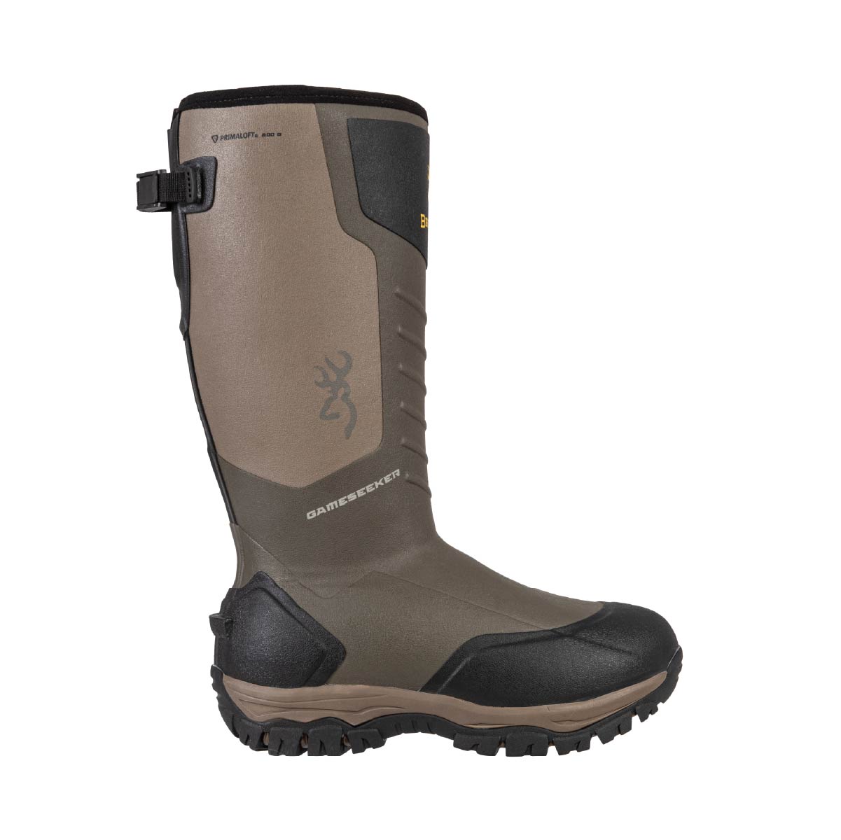 Botte de chasse isolée Gameseeker Browning. Isolation PrimaLoft 800g, tige néoprène imperméable, fermeture éclair latérale. Idéale conditions froides et humides.