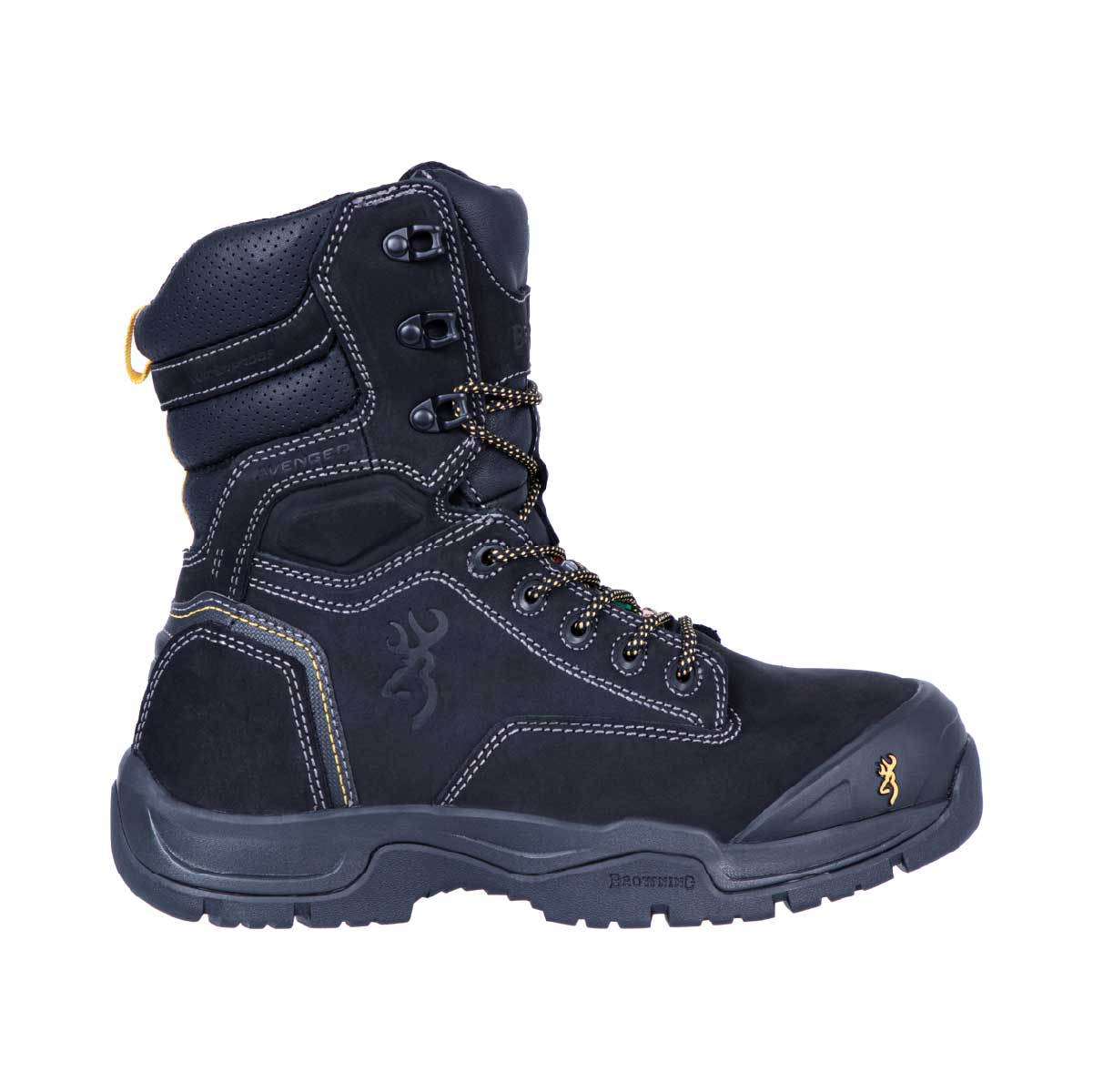 Botte de travail Avenger 8 Browning légère. Embout composite CSA, semelle EVA renforcée, cuir huilé. Construction légère, longues journées de travail intensif.