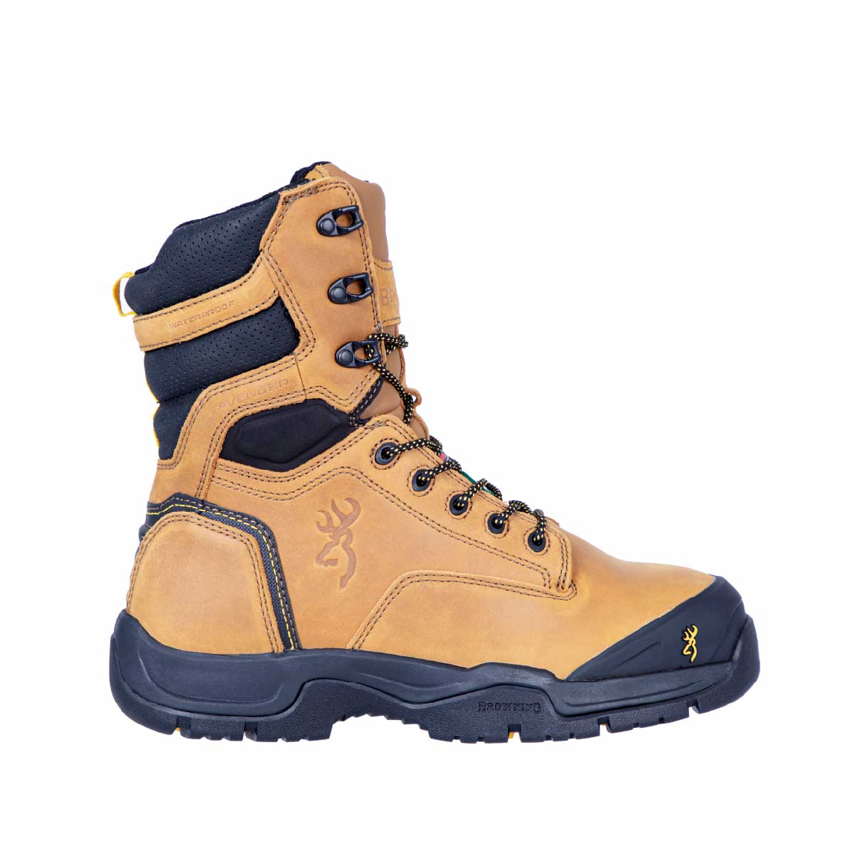 Botte de travail Avenger 8 Browning légère. Embout composite CSA, semelle EVA renforcée, cuir huilé. Construction légère, longues journées de travail intensif.